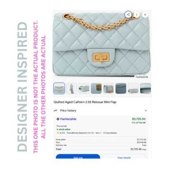 Quilted Light Blue Mini Crossbody Bag – Gold Chain Flap, Designer-Inspired - Picture 3 of 7